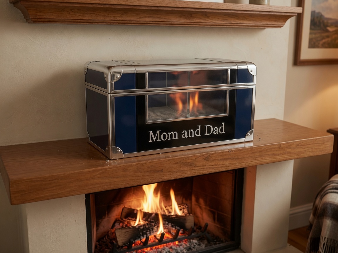 Two-compartment companion urn labeled Mom and Dad, navy blue, black, and silver, on a wooden shelf above a lit fireplace